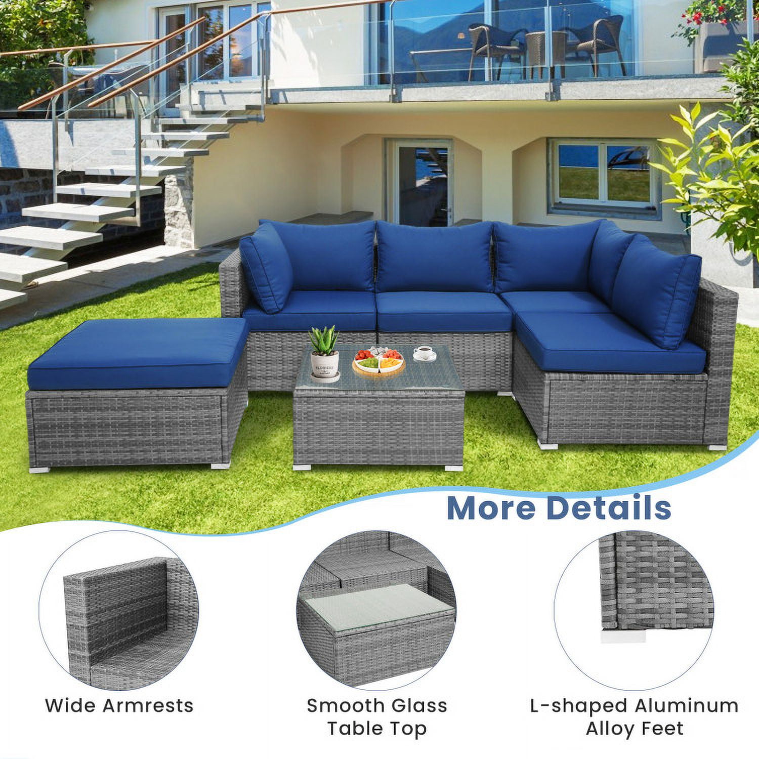Aimee Lii 6 Pieces Outdoor Rattan Sofa Set with Seat and Back Cushions, Outdoor Patio Set, Navy