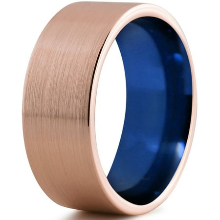 Tungsten Wedding Band Ring 10mm for Men Women Blue 18k Rose Gold Plated Flat Pipe Cut Brushed Polished Lifetime Guarantee