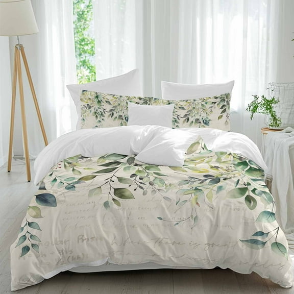 Pastoral Floral Plant Duvet Cover Set Full Size Sage Green Eucalyptus Leaves Beige Soft Lightweight Comforter Covers 4 Piece Bedding Set with 1 Duvet Cover 1 Bed Sheet & 2 Pillow Shams