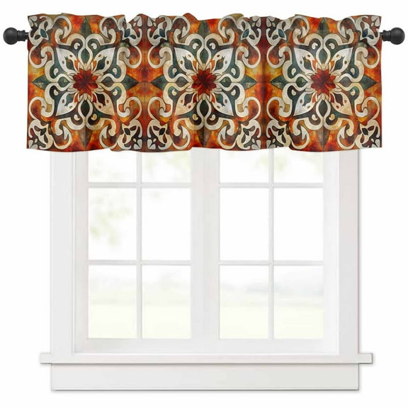 Burnt Orange Green Valances for Windows Farmhouse Kitchen Curtains Valances Rod Pocket Valance Curtains for Kitchen Windows Vintage Abstract Flowers Window Valances for Bathroom Bedroom 60"x18"