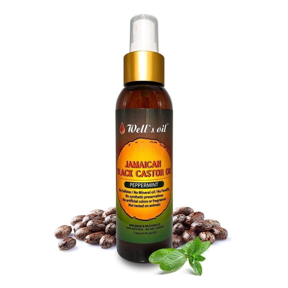 Well’s Oil Peppermint & Jamaican Black Castor Oil Spray | 4 oz (118 mL) | Lightweight Hair Detangler & Leave-In Conditioner | Refreshing Herbal Feel | External Use Only