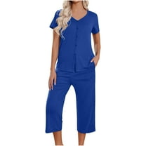 fatyb Pajama Sets for Women 2 Piece Capri Pants and V Neck Button down Short Sleeve Tops Outfits Loungewear