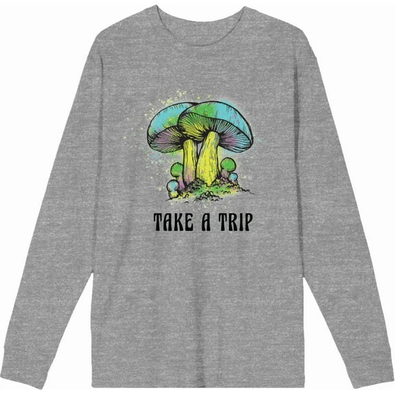 Natural World Take A Trip Mushrooms Crew Neck Long Sleeve Heather Gray Adult Tee-Medium