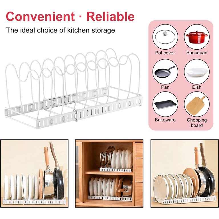 AHNR Expandable Pot and Pan Organizers Rack, 10+ Pans and Pots Lid  Organizer Rack Holder for Cabinet, Kitchen Cabinet Pantry Bakeware  Organizer Rack