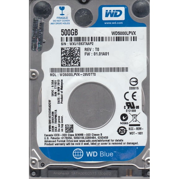 WD5000LPVX-28V0TT0, DCM DHOTJHN, Western Digital 500GB SATA 2.5 Hard Drive