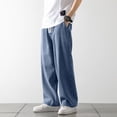 thumbnail image 6 of Men's Regular Fit Straight Leg Baggy Jeans Drawstring Elastic Waist Loose Fit Y2K Denim Pants with Pockets Blue L, 6 of 8