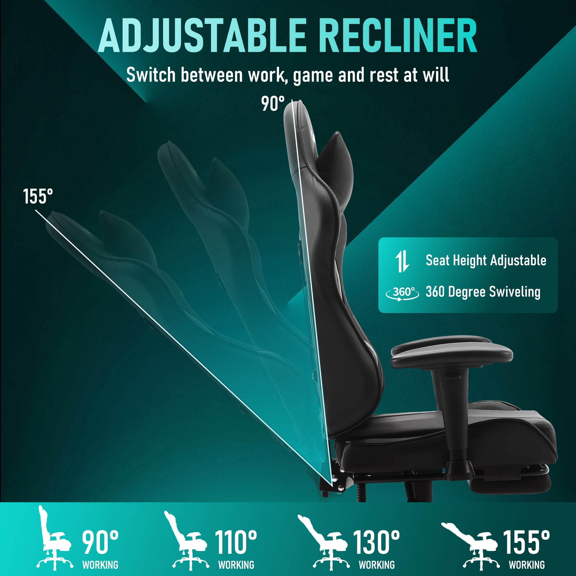 JONPONY Big and Tall 500LBS Gaming Chair with Footrest and Lumbar Support, High Back Ergonomic Recliner,Height Adjustable Leather Computer Desk Chair for Home Office, Black