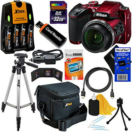 Nikon COOLPIX B500 Wi-Fi, NFC Digital Camera w/40x Zoom & HD Video (Red) + 4 AA Batteries with Charger + 10pc 32GB Dlx Accessory Kit w/ HeroFiber Cleaning