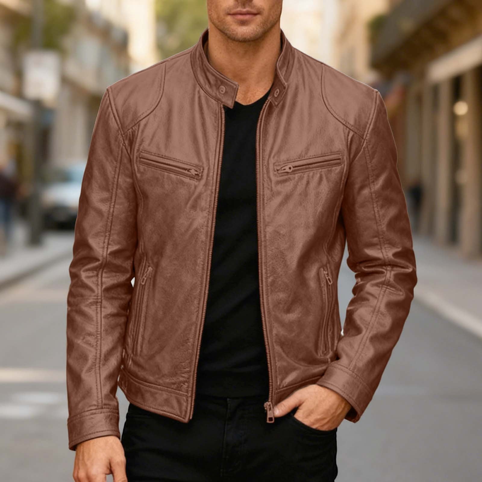 Wuxian Men Punk Leather Jacket Stand Collar Full Zip Up Business Oversized Long Sleeve Casual Cozy Windproof Stylish Dailywear,Bronze,S