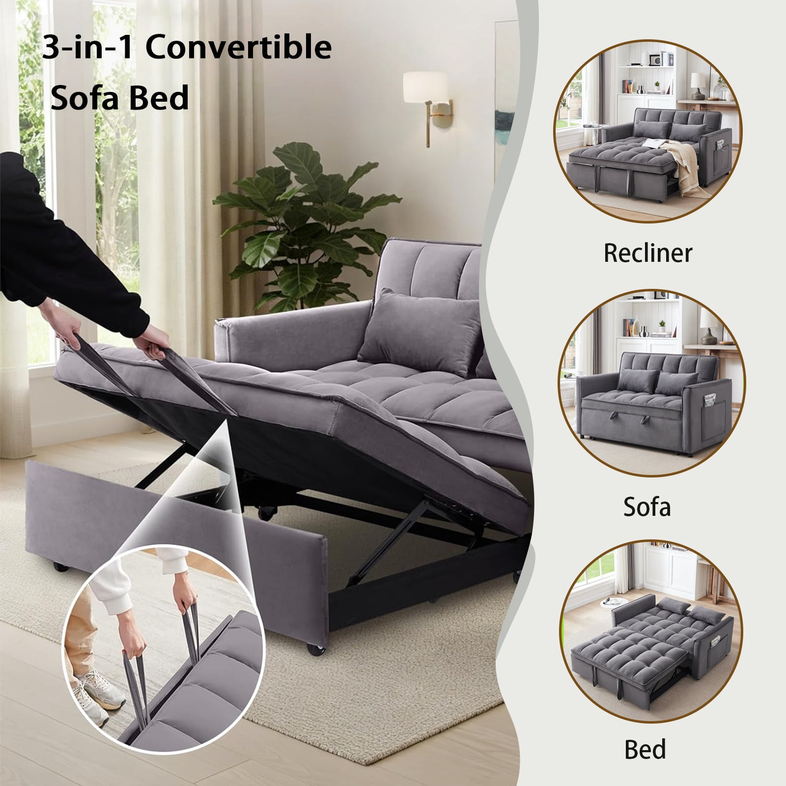 EPOWP 3 in 1 Folding Convertible Sofa Bed,55'' Pull Out Couch Bed with Side Pocket,Velvet Fabric Loveseat Sleeper Sofa with Adjustable Backrest,Easy Assembly,Perfect for Living Room,Grey