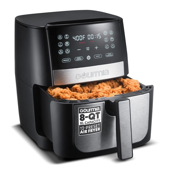 Gourmia 8 Qt Digital Air Fryer with FryForce 360 and Guided Cooking, Black/Stainless Steel, GAF826, 14.82 H, New