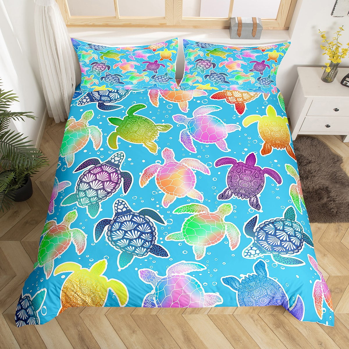 YST Kids Cute Sea Turtle Comforter Cover King Colorful Neon Tortoise