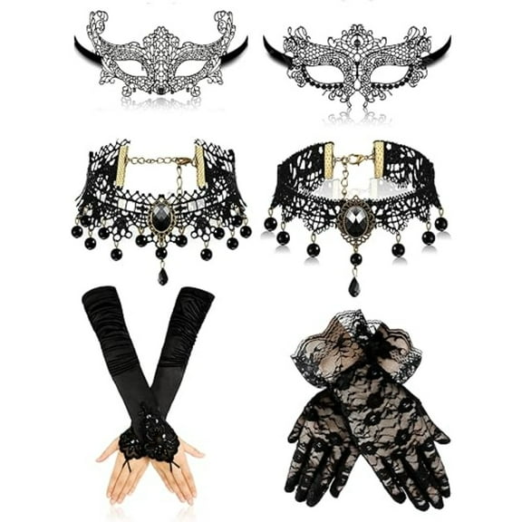 6 Pcs Black Masquerade Mask Kit, Luxurious Lace & Alloy Choker Necklace and Glove Set for Women, 80s 90s Theme Party Halloween Cosplay Costume