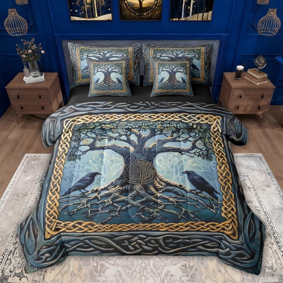 jejeloiu Black Raven Crow 7-Piece Twin Bedding Sets,Bohemian Style Tree Bedding Comforter Set For Teens Reversible