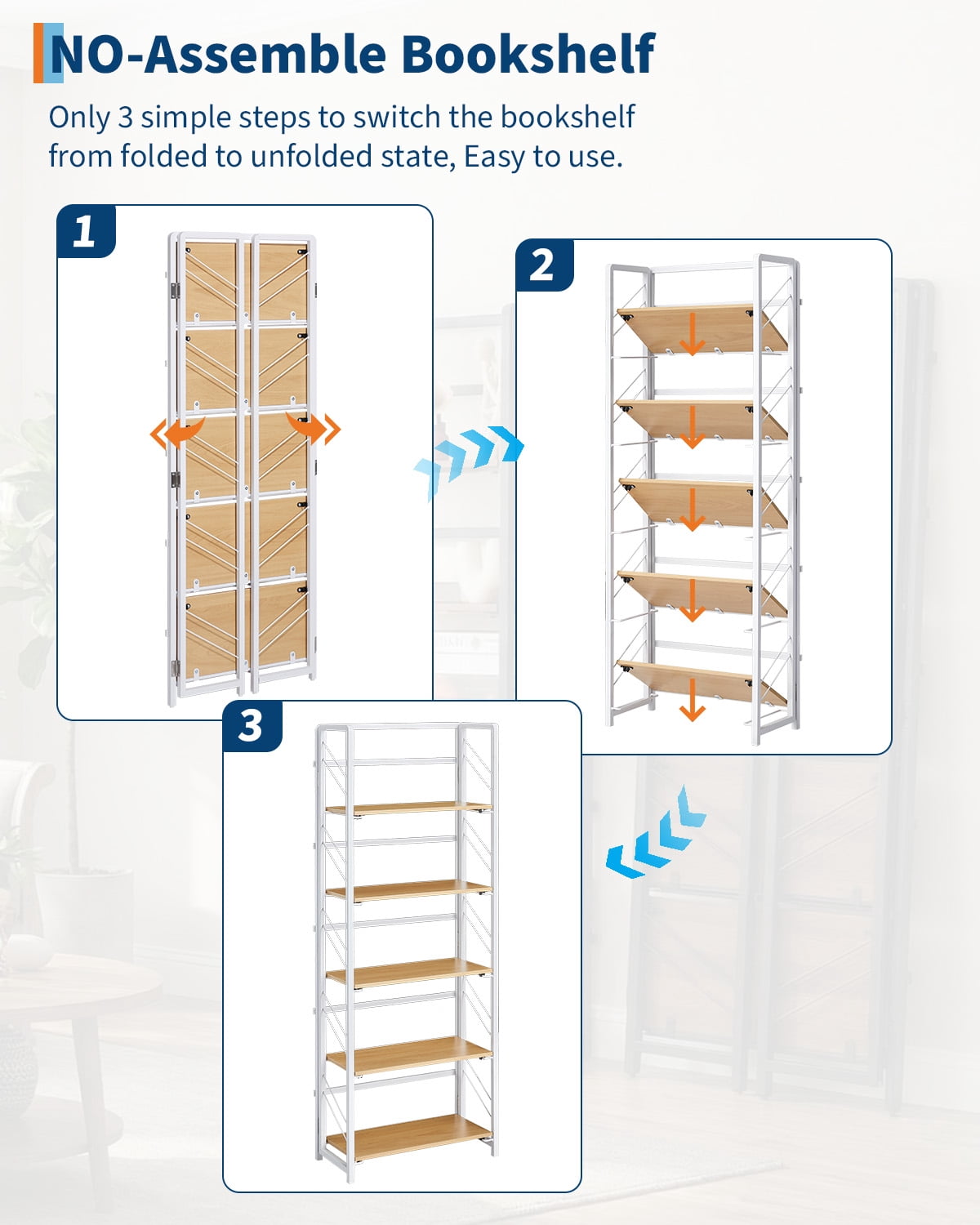 No-Assembly Bookcase,5-Tier Folding Bookshelf, Vintage Storage Shelves,Standing Racks Display Organizer for Home,Office