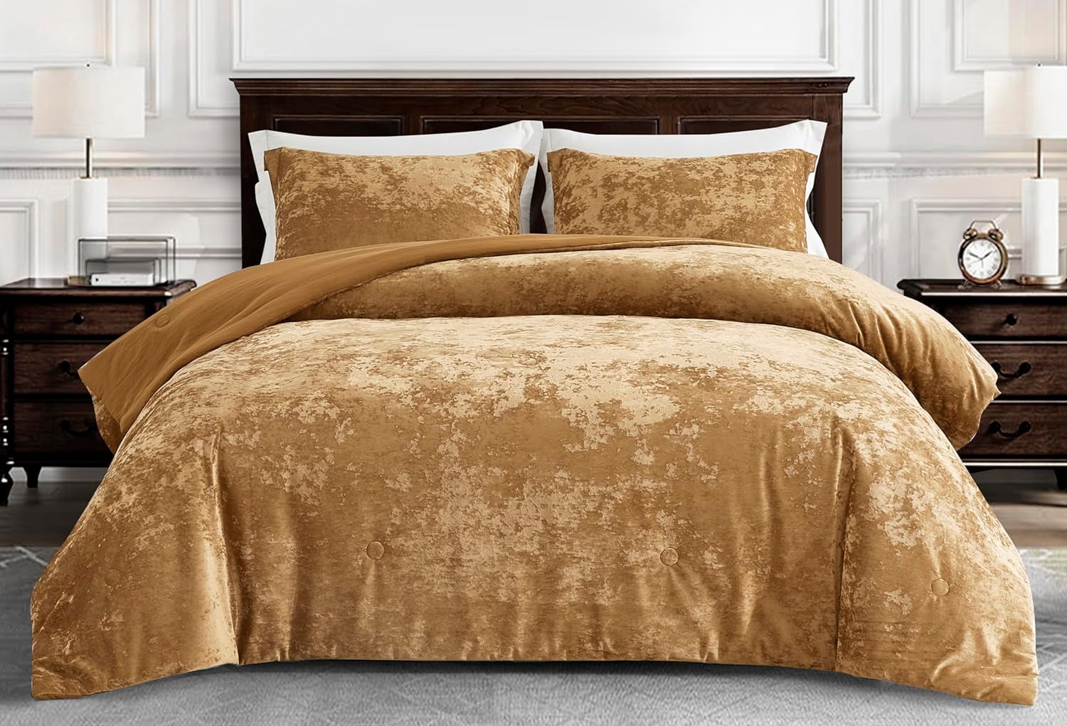 Chezmoi Collection Lux 3-Piece Caramel Gold Velvet Comforter Set King Size, All Season Lush Plush Velvet Bedding Set with Soft Washed Microfiber Reverse