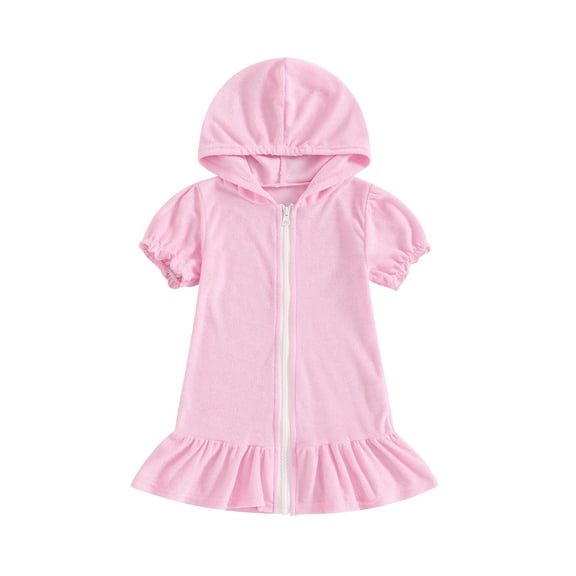 FEORJGP Kids Little Girl Swim Cover Up 1T-8T Toddler Baby Short Sleeve Hoddies One-piece Swimwear Coverups Casual Loose Solid Color Ruffled Zipper Hooded Swimsuit Bathing Suit Beachwear for Vacation