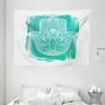 thumbnail image 1 of Hamsa Tapestry, Grungy Display with Fatima Hand Flourishing Lotus Meditation Zen Ethnic Culture, Wall Hanging for Bedroom Living Room Dorm Decor, 80W X 60L Inches, Turquoise White, by Ambesonne, 1 of 2