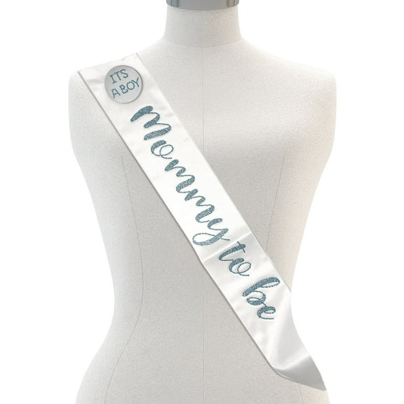 White Mommy to be Sash with Its a Boy Badge with decorative stones