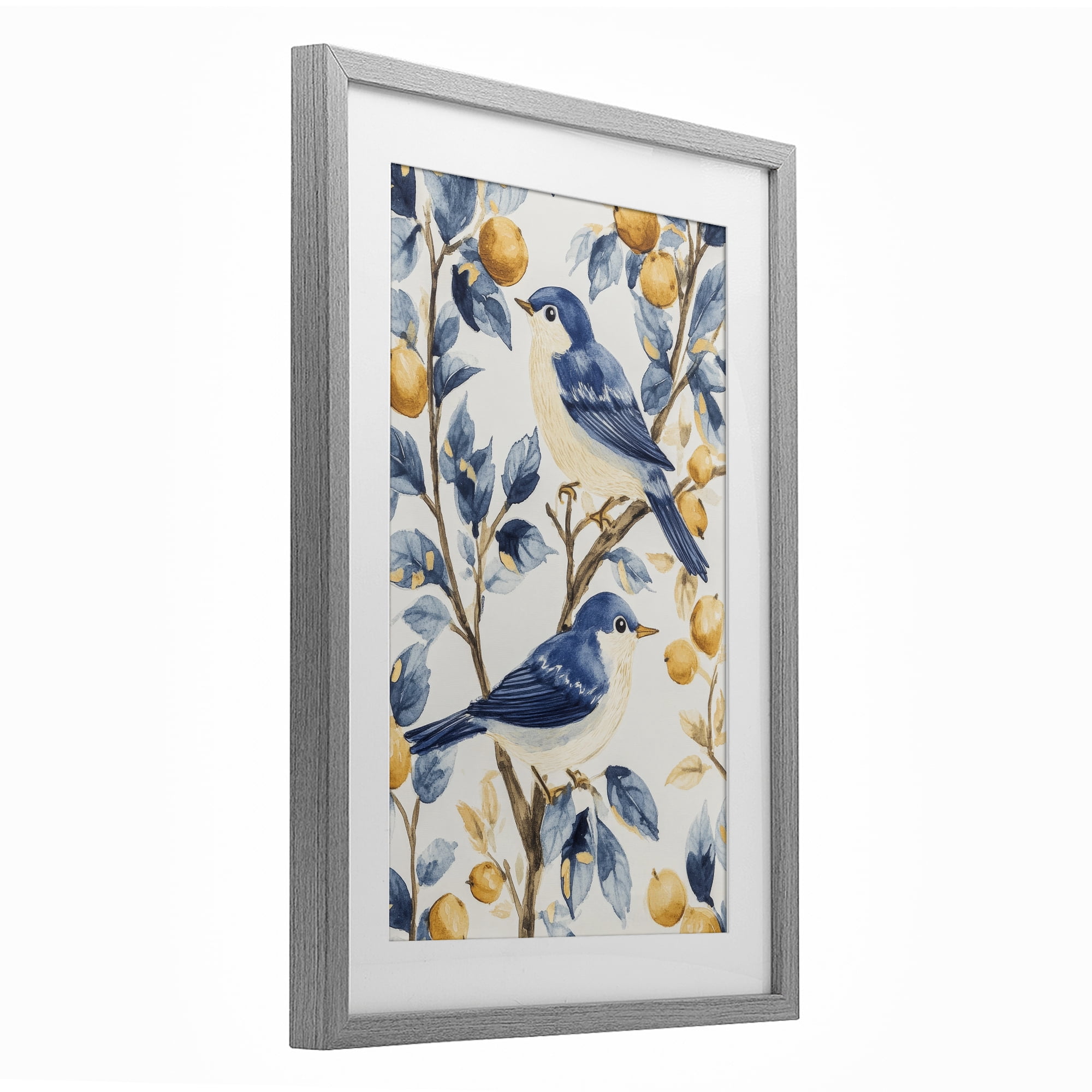 Stupell Industries Sweet Blue Birds on Lemon Branch Gray Framed Print Under Glass, design by Petal Prints Design