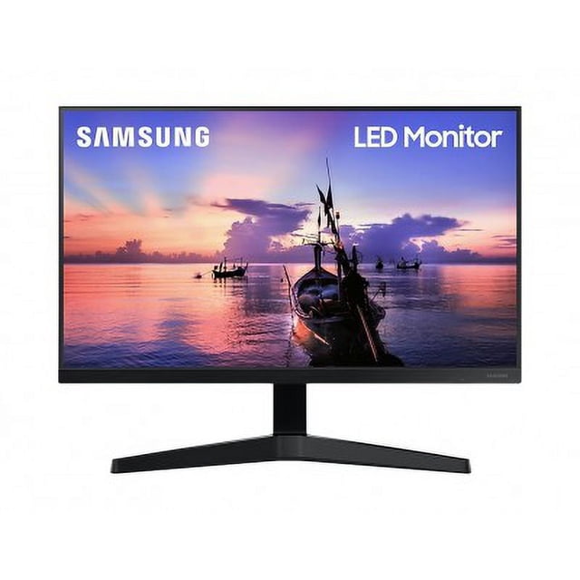 samsung 24' flat monitor bezel lf24t350fhlxzpsamsung pantalla 24 pulgadas plana con bisel delgado negro, vista frontal centrada; soporte en Y negro con pie recto, logotipo "SAMSUNG" y texto visible "LED Monitor" en el marco, imagen de atardecer en la pantalla; adecuado para escritorio y estaciones de trabajo compactas.