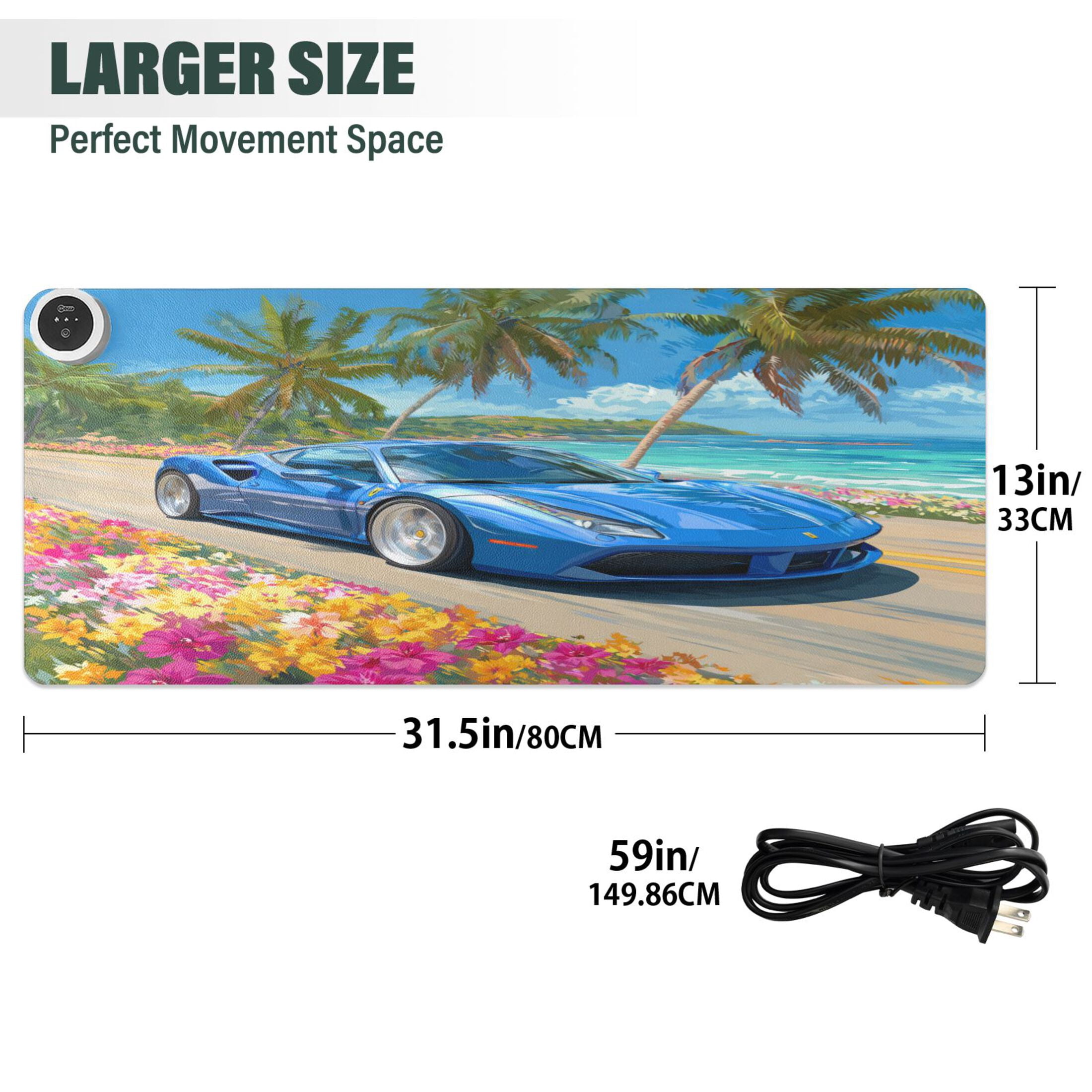 Large Heated Desk Mat Mouse Pad 31.5"x13"PU Leather Graphene Heating Desk Warmer with 3 Temperature Settings 110V US Plug Non-Slip Warm Pad for Home, Office, and Gaming Blue Sports Car by The Beach