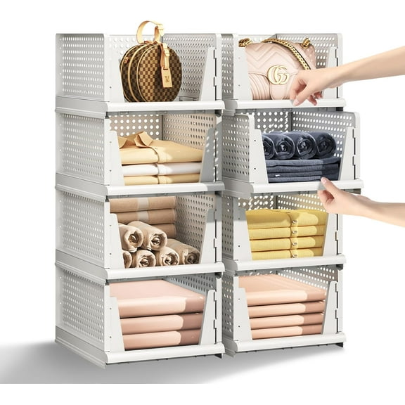 5 Packs Stackable Plastic Storage Basket for Closet Foldable Closet Organizers and Storage Bins for Shelves Storage Drawer Container for Clothes, Wardrobe, Pantry, 5L