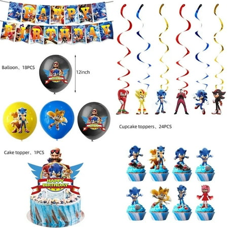 Soniccs Party Supplies Boys Birthday Party Decoration Tablecloth Banner Balloon Cake Topper Spiral Straws Kids Gifts Baby Shower