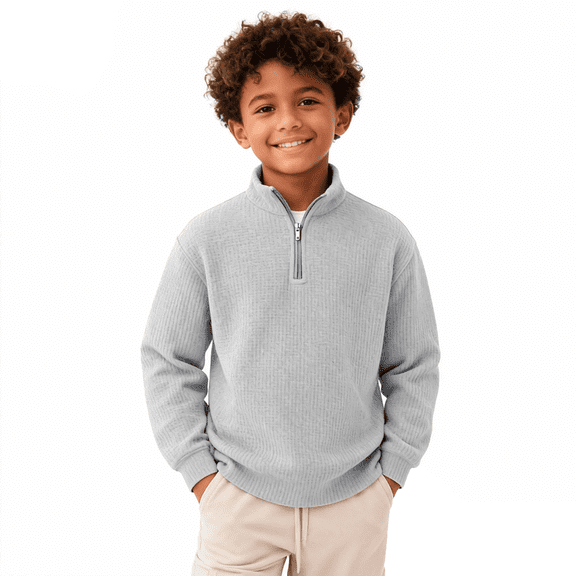 Boy”s Quarter Zip Pullover Long Sleeve Waffle Quilted Sweatshirt Casual Polo Sweaters Knit Polo Sweatshirt,Gray - 140