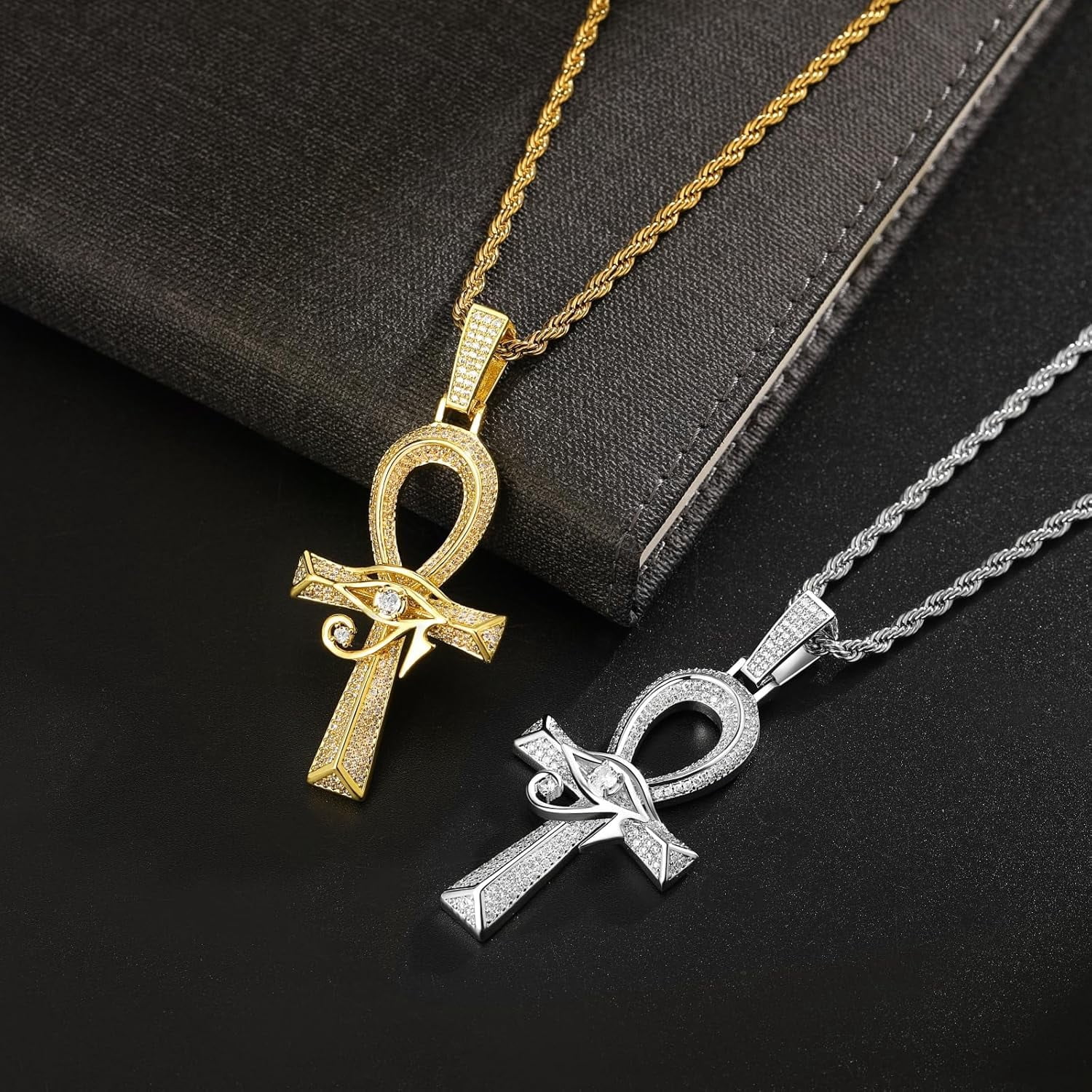 Leander Eye of Horus Ankh Cross Pendant Necklace 18K White Gold Plated Iced Out CZ Ancient Egyptian Religious Symbol Protection Chain Jewelry for Men Women Christmas Birthday Gift