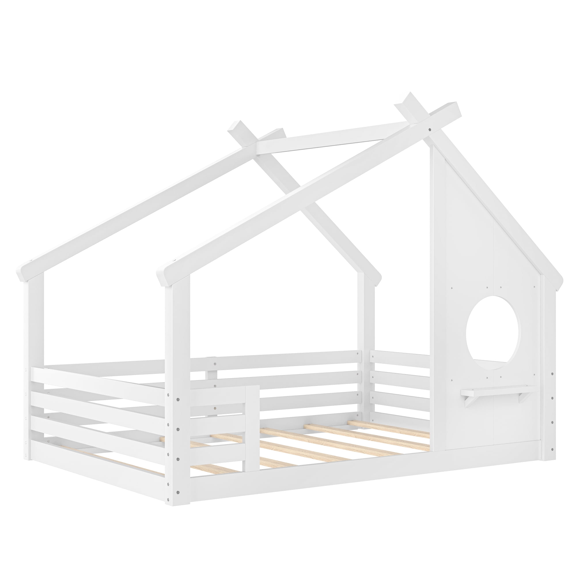 Jopath Full Size House Floor Bed with Window and a Small Shelf, Solid Wood Floor Bed with House-shaped Roof for Boys Girls White