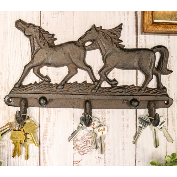 Ebros Cast Iron Rustic Country Galloping Horses Wall Hanging Hooks 11" W 3 Hook