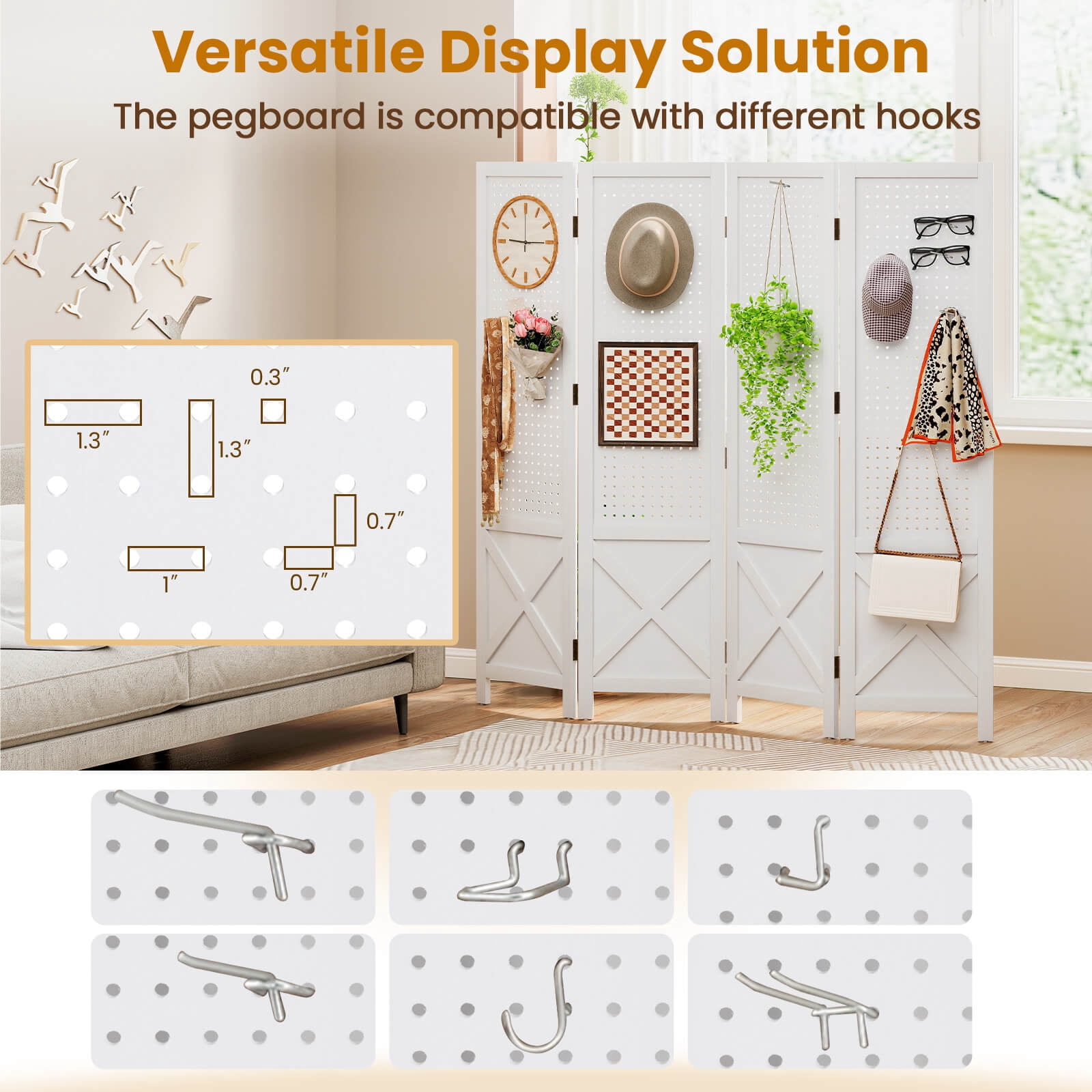 Costway 4-Panel Pegboard Display Stand, 4.7 FT Folding Room Divider, Freestanding Screen White