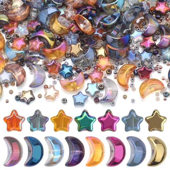 LAPLBEKE 520 Pieces Mixed Star Glass Beads, Moon Glass Beads for Bracelets, Jewelry Making, Earrings, DIY Necklaces (8mm, 14mm)