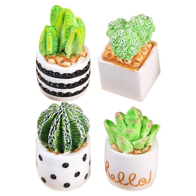 Shisuyan 4Pcs Tiny Potted Plants Micro Landscape Potted Plants in assorted colors, featuring resin cactus figurines in creative designs. Each miniature plant is housed in a unique pot, including striped, polka-dotted, and square designs, measuring approximately 2.50x1.50x1.50cm. Suitable for decorating desktops, shelves, or cabinets, and ideal as gifts for friends.