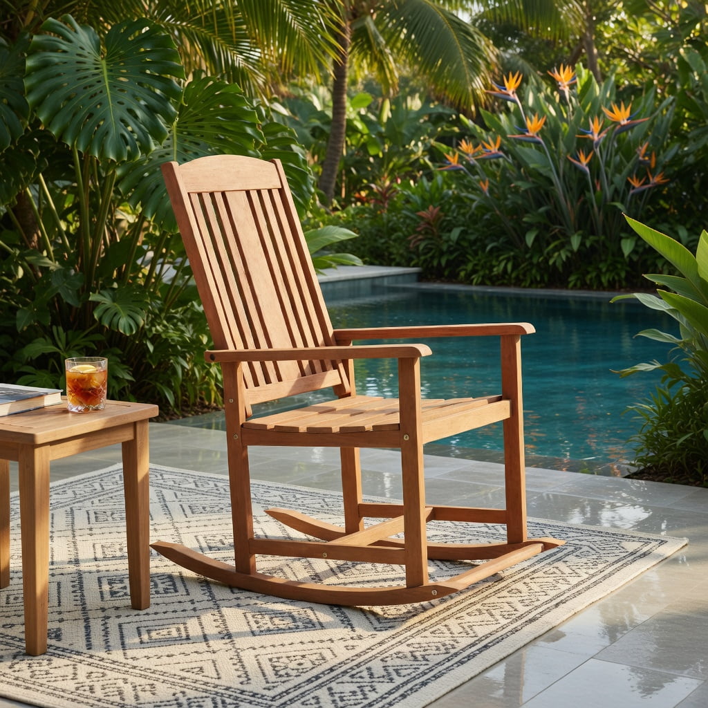 Hommoo Solid Wood Outdoor Rocking Chair, High-Back Porch Rocker with Slatted Seat, Easy Assembly for Patio, Deck & Poolside, Natural