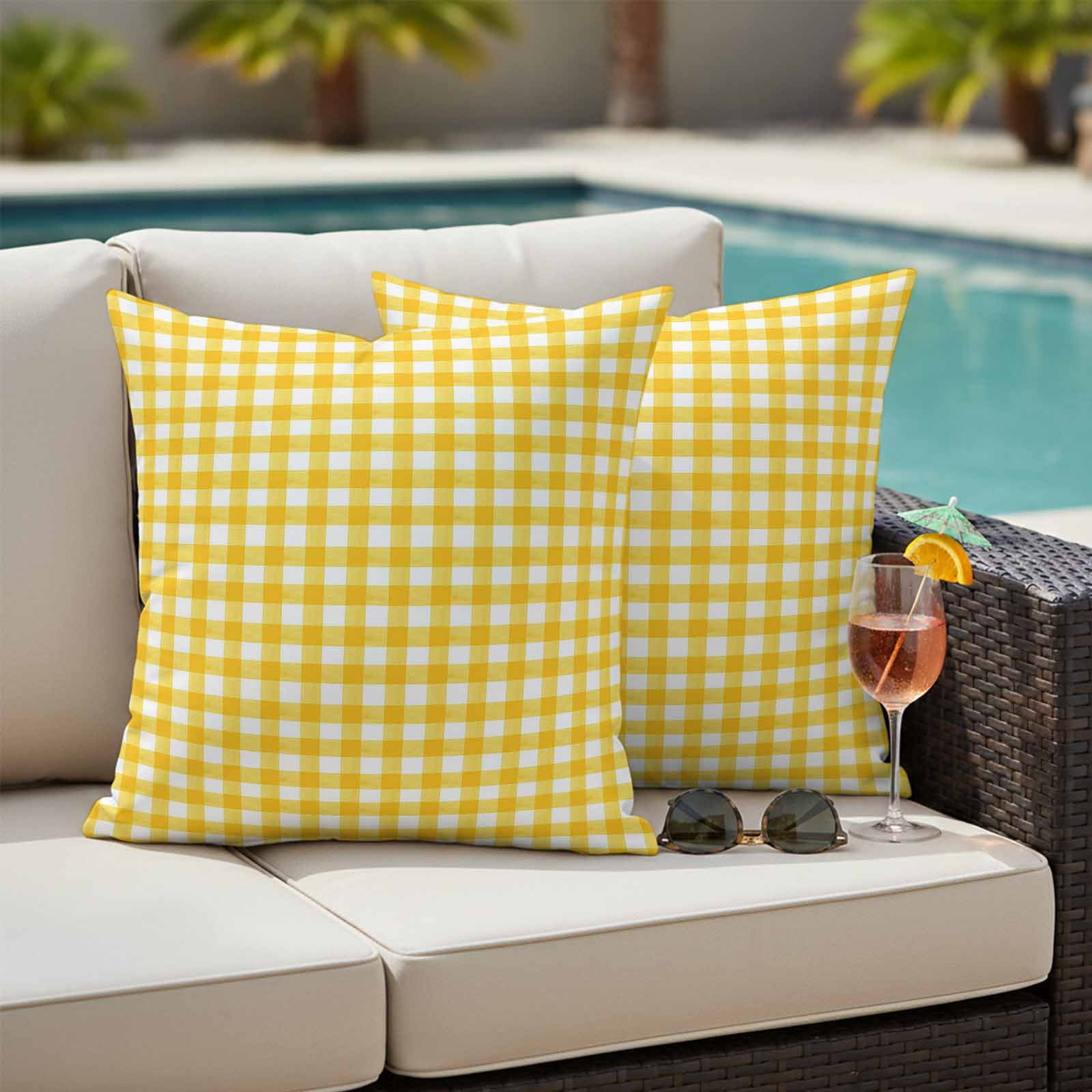 Pack of 2 Outdoor Pillow Covers,Waterproof Yellow Throw Pillow Covers,Country French Rustic Buffalo Plaid Modern Art Decorative Pillowcases Cushion Covers for Couch Pillow Sham Protector 24x24 Inch