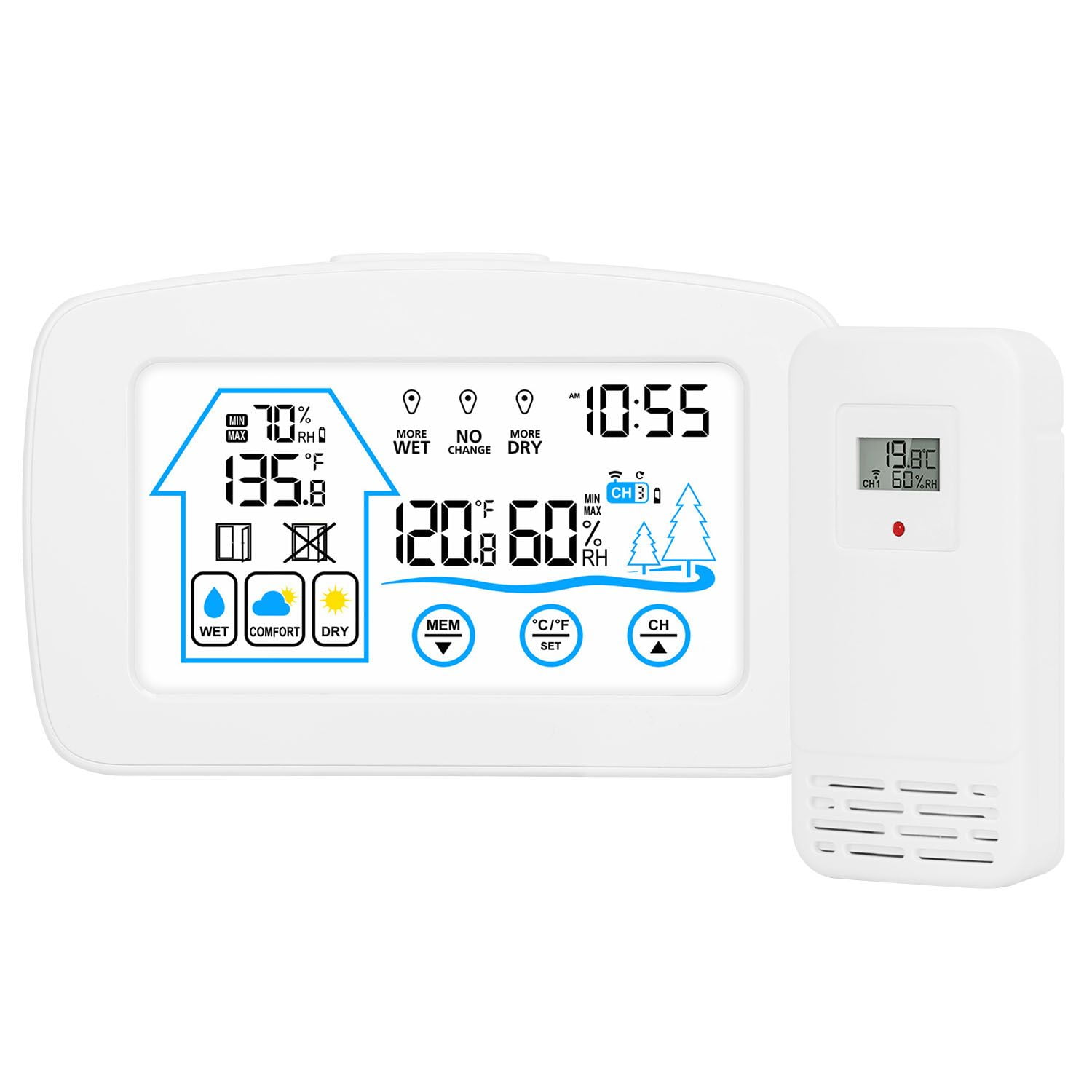 Wireless Weather Station With Clock 196FT Range Indoor Outdoor Thermometer Sensor Temperature and Humidity Monitor Humidity Forecast Battery Powered Backlight Display