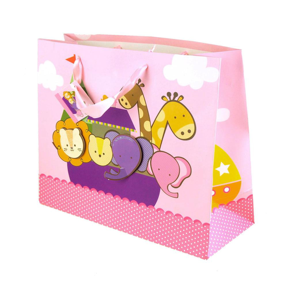 Noah's Ark Animal Baby Shower Paper Gift Bags, Pink, 10