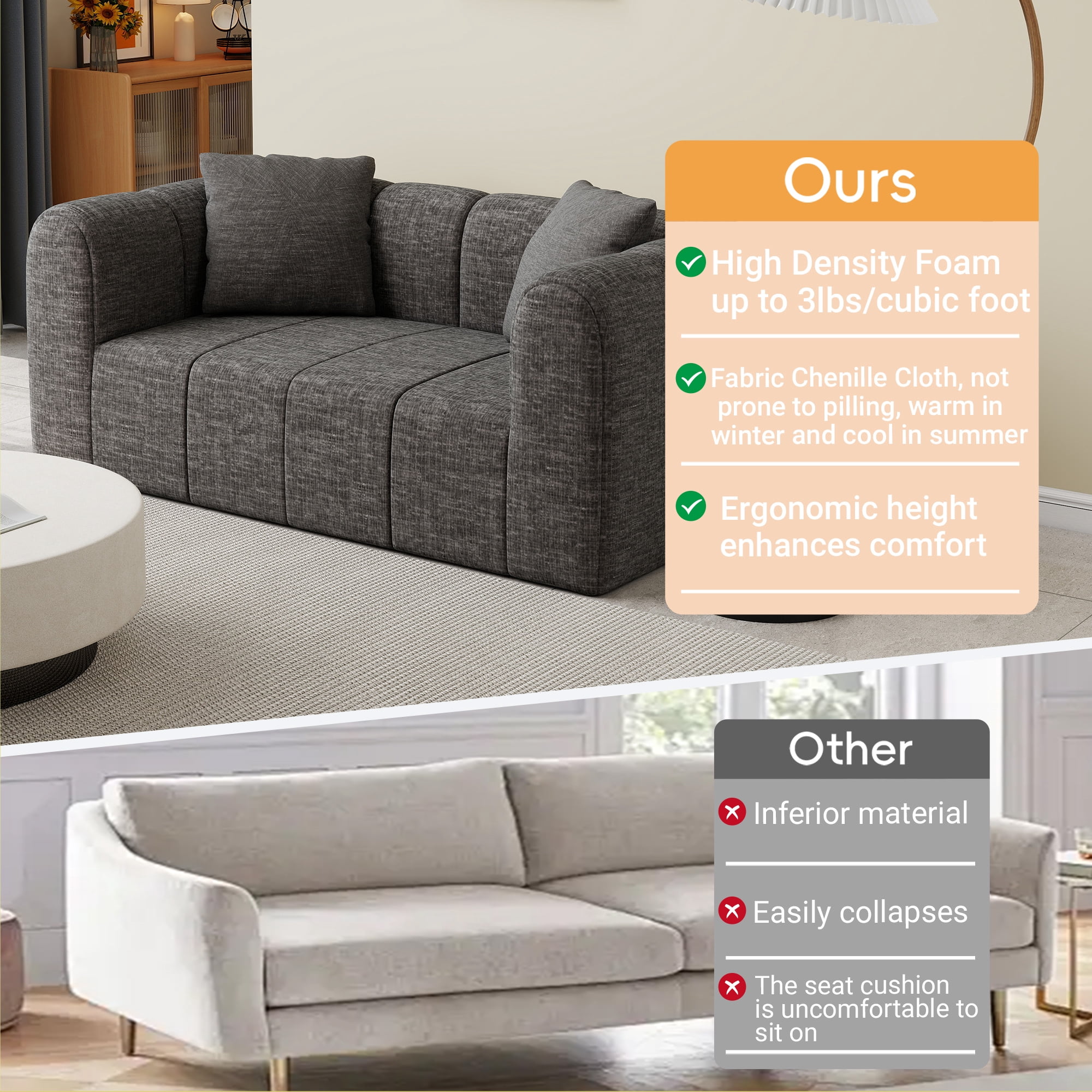 Meeyar Loveseat Sofa with 2 Cushions, 65" Modern Bubble Couch 2 Seater for Living Room, Charcoal Black