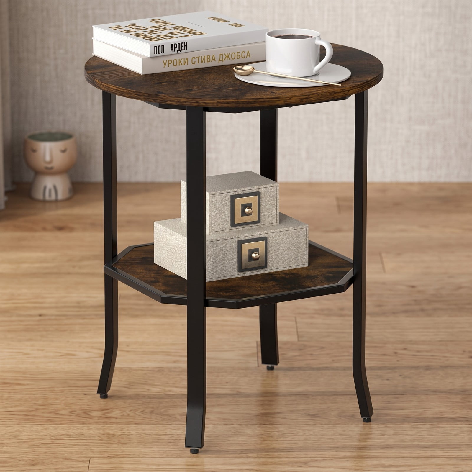 Furnibear Round Side Table Small End Table with Storage Shelf, 2-Tier Nightstand Sofa Bedside Table for Small Space Living Room Bedroom, Rustic Brown