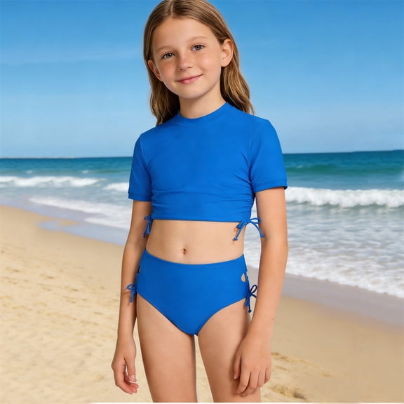 Little Girls Tankini Set Bathing Suit Solid Color Short Sleeve Swimsuit High Waist Print Two Piece With Briefs For Beach Pool