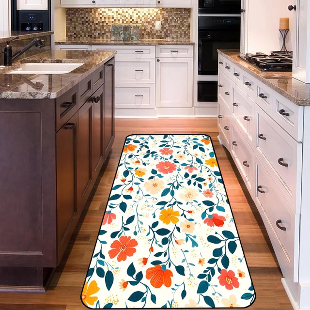 Hallway Rug Kitchen Rugs Strips Non-Slip 20"x47" Long Washable mat Strip, Mexican Colorful Soft Floral Rug Strips for Hallway, Kitchen, Laundry Room, Bedroom, Bathroom(White)