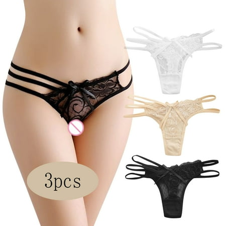 

Briefs For Women Underpants Women 3 Pcs Panties Low Waist Ribbon Sheer Lace Briefs Women Thong T Pants White One Size