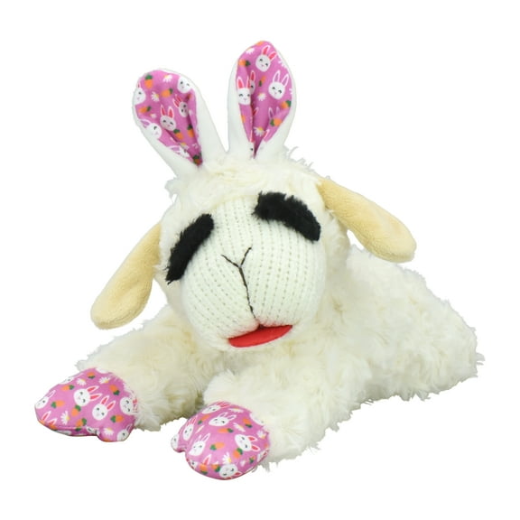 Multipet Easter Holiday Lamb Chop Medium Plush Dog Toy with Squeaker, Pink Ears and Paws with Bunny Pattern