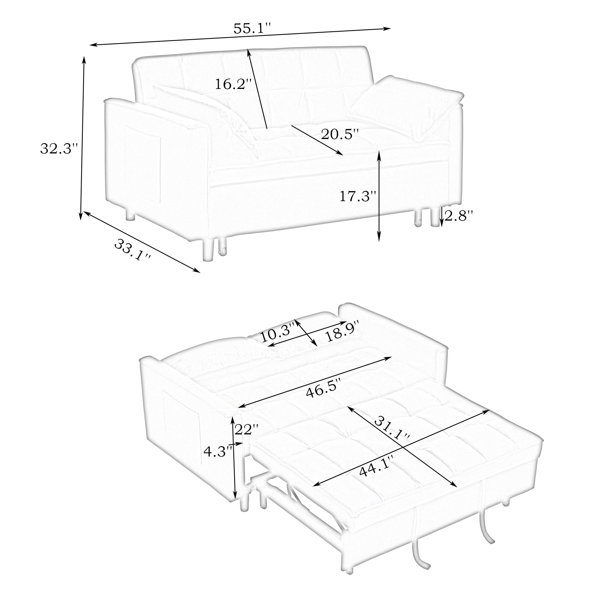 Sofa Bed, Convertible Loveseat, Velvet Futon&nbsp;with Adjustable Backrest, Wood Frame and S-Spring Seat, 3-in-1 Sleeper for Living Room, 55 Inch Gray