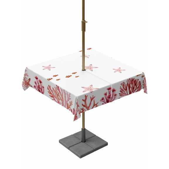 Outdoor Tablecloth with Umbrella Hole for Patio/Picnic/Party/Camping, Nautical Coastal Waterproof Table Cloth Square Cover Washable, Red Marine Starfish Coral Summer Ocean (54"x 54")