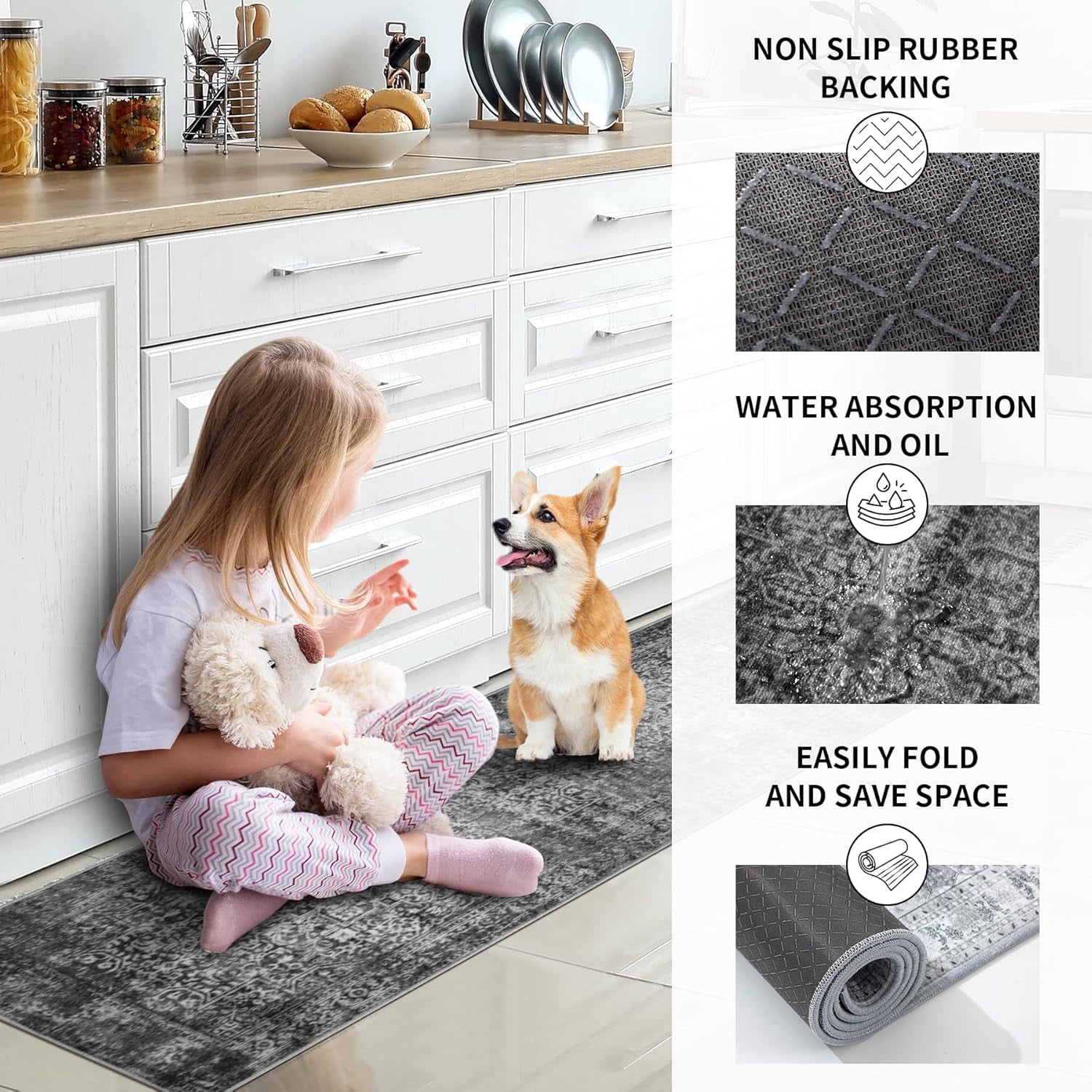 Kitchen Rugs Sets of 3 Non Slip Washable Kitchen Mats for Floor 3 Piece Set Turquoise Black Boho Kitchen Mat Set Kitchen Runner Rug Carpet for Laundry Room Front Door