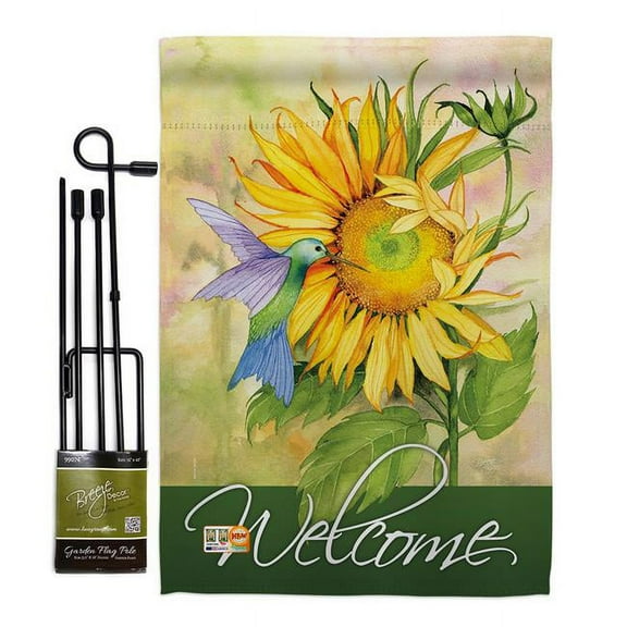 Breeze Decor BD-FL-GS-104095-IP-BO-D-US18-WA 13 x 18.5 in. Sunflower with Hummingbird Spring Floral Impressions Decorative Vertical Double Sided Garden Flag Set with Banner Pole