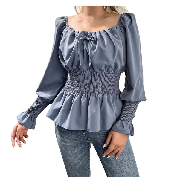 Tops para mujer Camisas Blusas Elegantes Camisas casuales de manga larga Otoño Moda Cintura-cuello Mangas acampanadas con volantes Odeerbi ODB-5